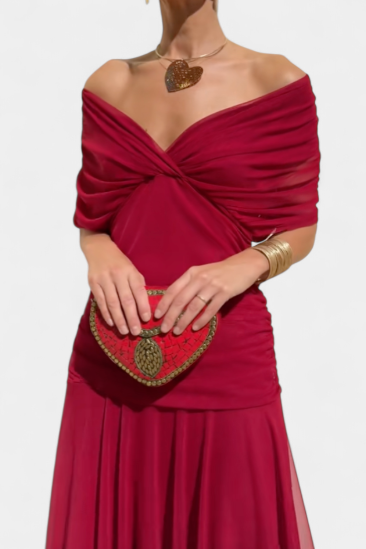 Vestido largo fruncido para mujer con cuello en V elegante