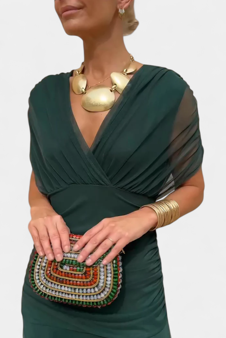 Vestido largo fruncido para mujer con cuello en V elegante