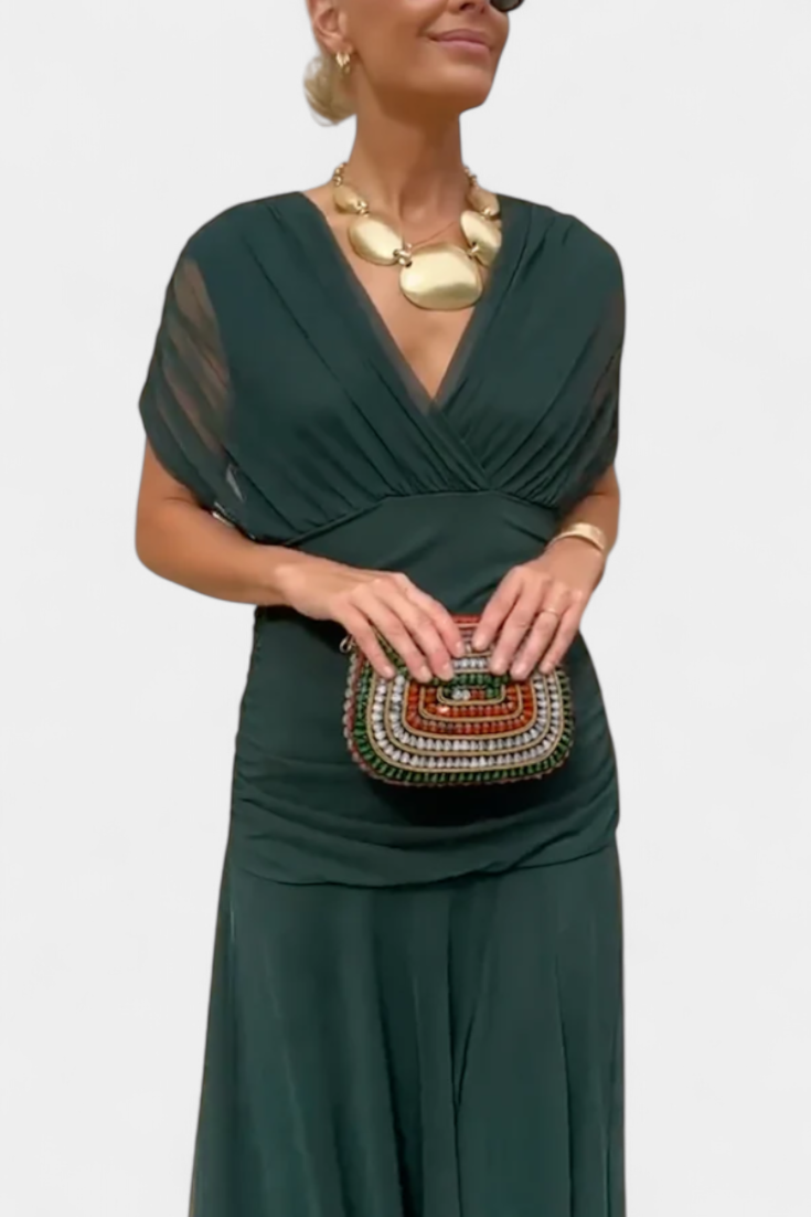 Vestido largo fruncido para mujer con cuello en V elegante